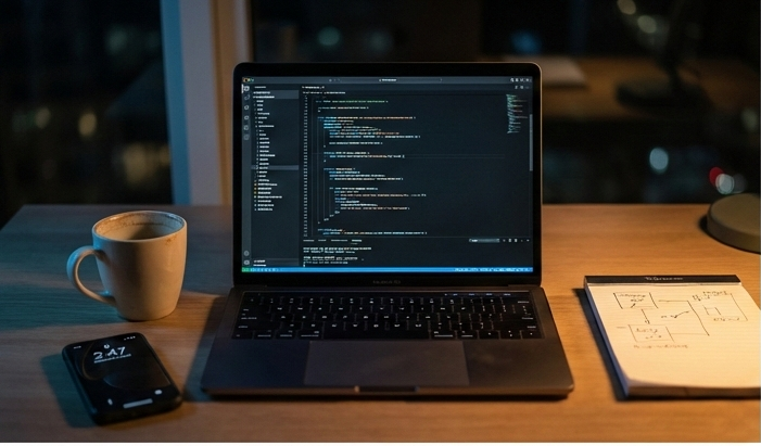 Dimly lit night desk: laptop with code editor and terminals open, half-empty coffee mug, phone at 2:47 AM, notepad with architecture sketches.