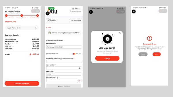 From booking screen to payment screen with loading, error, exit statuses.
